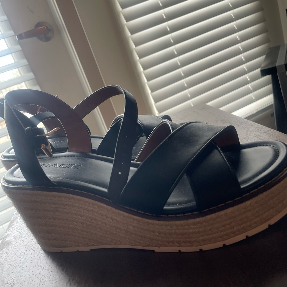 Coach Black and Tan Wedge Sandals